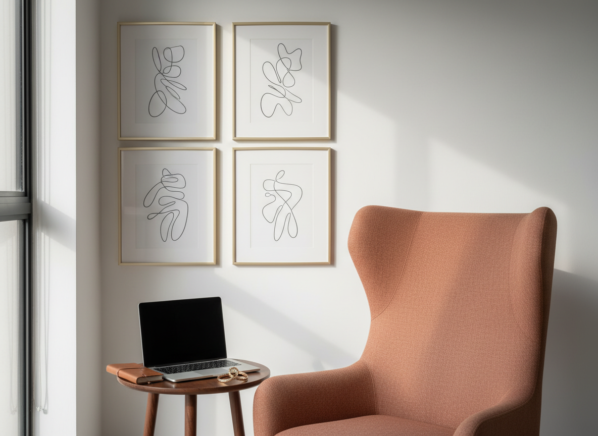 An elegant corner of a minimalist studio set up to represent the founder’s presence through objects: a high-backed fabric chair in muted terracotta, a small round side table holding a closed leather-bound notebook, a slim laptop, and a delicate gold bracelet resting on top as a subtle symbol of feminine leadership. Behind, a clean wall displays a series of framed abstract line art pieces arranged in a vertical rhythm, echoing growth charts. Soft morning window light enters from the left, creating gentle gradients on the wall and a calm, credible atmosphere. Photographic realism, eye-level composition, shallow depth of field, conveying authority, authenticity, and the soul of a Brazilian female founder without any human figure.
