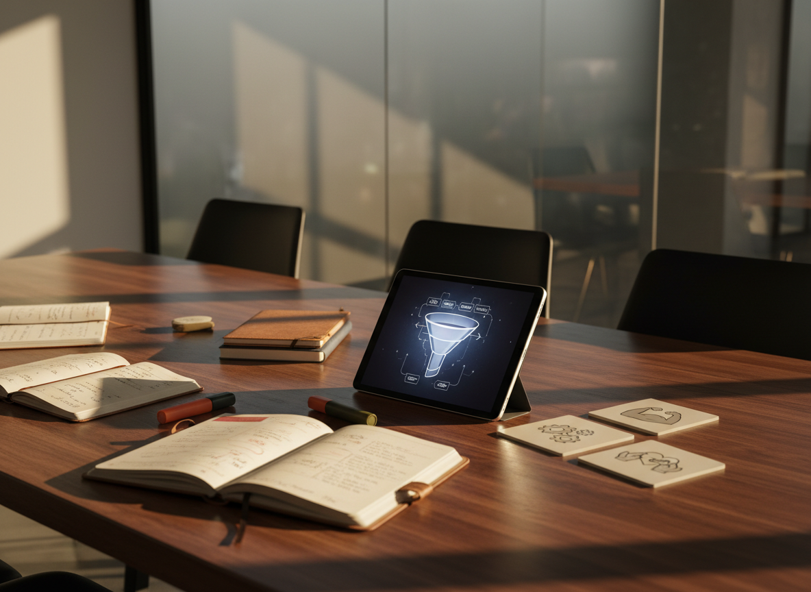 A polished conference table made of dark, rich wood in a bright, modern Brazilian coworking space, covered with open notebooks, highlighters in warm earthy tones, a tablet showing an abstract sales funnel graphic, and neatly stacked cards with icons representing confidence, negotiation, and empathy. Floor-to-ceiling windows let in golden late-afternoon light, casting long, elegant shadows across the table surface and creating soft reflections in a glass partition behind. Photographic realism, slightly elevated angle with strong depth, background softened to keep attention on the learning materials. The mood is ambitious yet welcoming, evoking a professional environment where women learn advanced sales skills without depicting any people.
