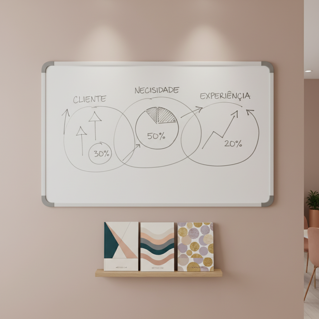 A close-up of a minimalist whiteboard mounted on a matte pastel wall in a contemporary training room, covered with hand-drawn arrows, percentage symbols, and segmented circles that subtly form three interconnected zones hinting at a CNE sales framework. On a narrow shelf below rest neatly stacked workbooks labeled only with abstract geometric patterns in feminine yet professional colors like deep teal and rose beige. Diffused overhead lighting creates an even, soft illumination with minimal glare, while the background fades into gentle blur. Photographic realism, straight-on composition, calm and focused atmosphere that communicates structured, methodical learning in a Brazilian women’s sales school without any human presence.